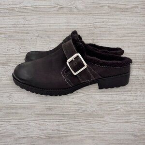 New NATURALIZER Black Leather Slip On Faux Fur Comfort Mules Clogs Womens 8 Wide